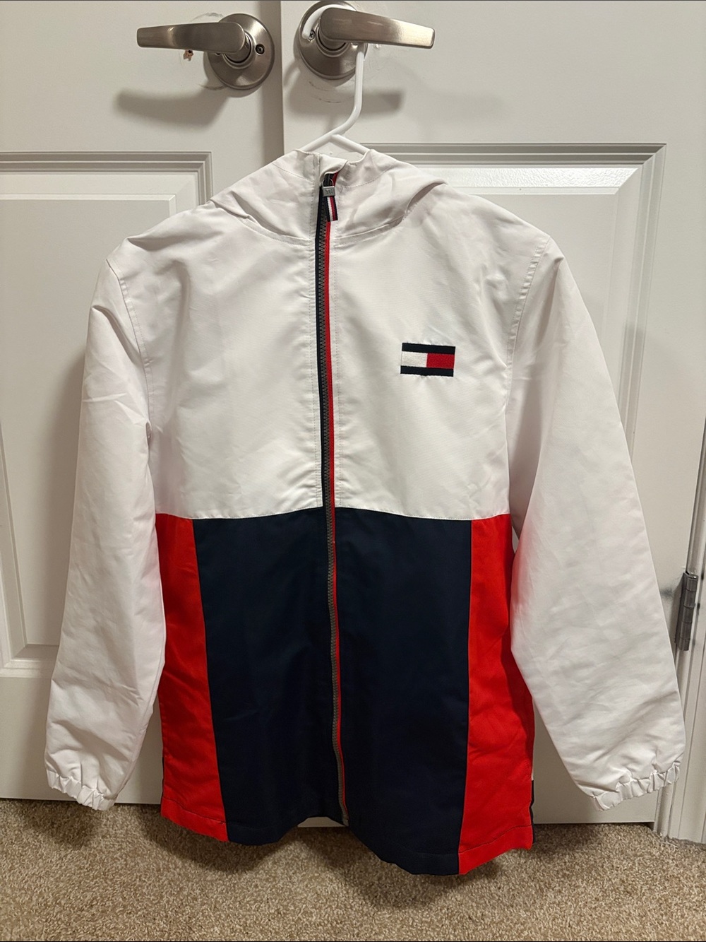 Tommy Hilfiger White, Navy & Red Colorblock Hooded Windbreaker Jacket